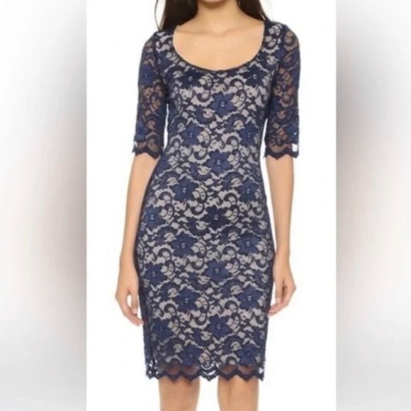 Belle Badgley Mischka navy lace overlay midi dress - Picture 1 of 7